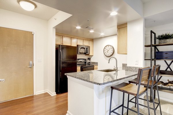 Modern kitchen featuring stainless steel appliances at 70 Capitol Yards Apartments