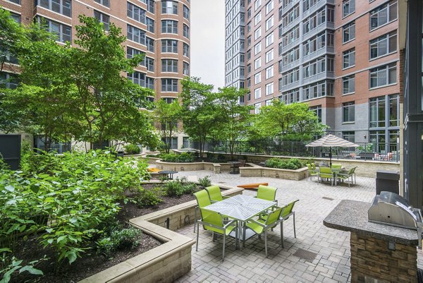 Courtyard featuring lush greenery and seating areas at 70 Capitol Yards Apartments