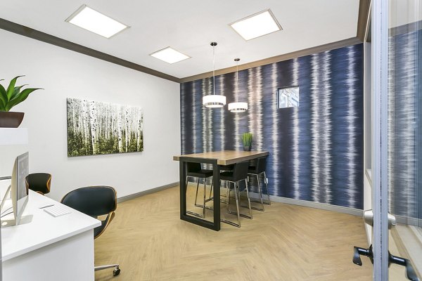 Executive business center with modern workstations at Creekside at Highlands Ranch Apartments