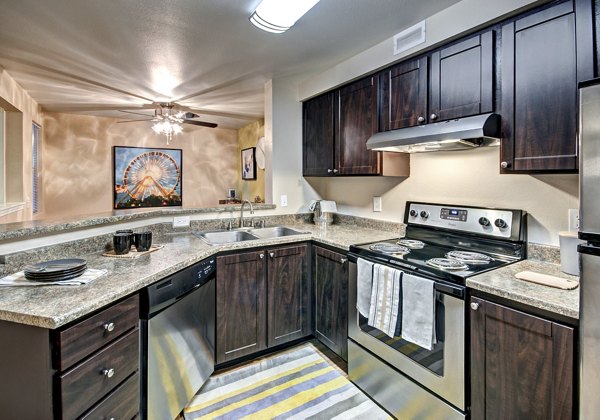 Modern kitchen with granite countertops and stainless steel appliances in Bay Court at Harbour Pointe Apartments