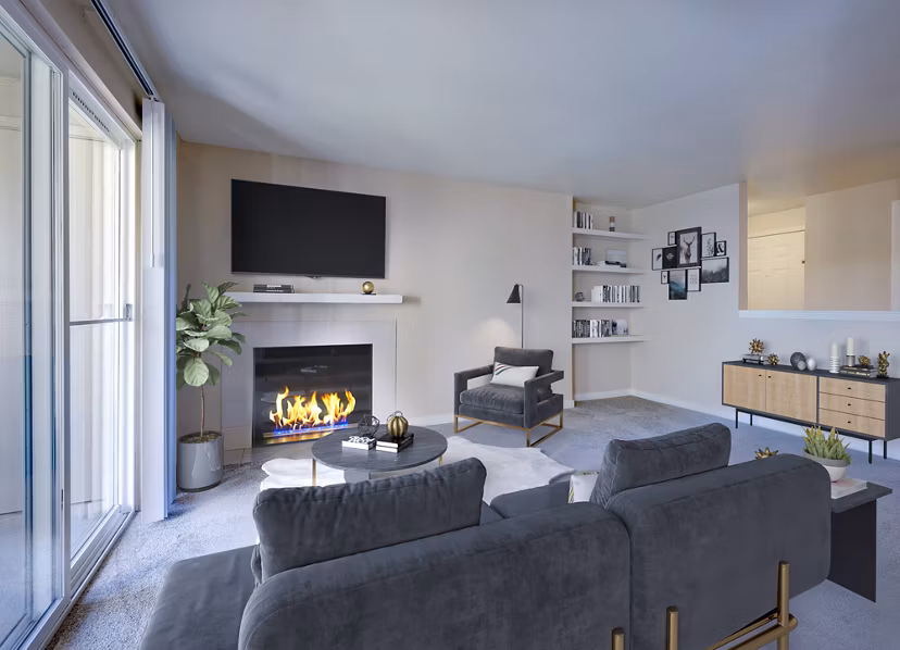 Spacious living room with elegant furnishings at Bay Court at Harbour Pointe Apartments