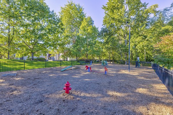 Dog-friendly dog park at Bay Court at Harbour Pointe Apartments featuring agility equipment