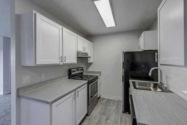 Modern kitchen with stainless steel appliances at The Berkshire Apartments