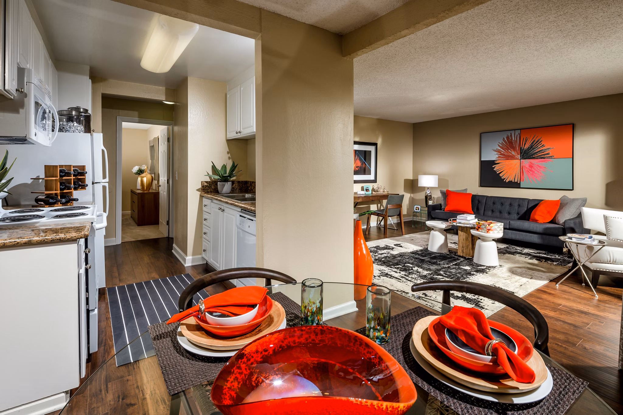 Dining room featuring modern furniture and elegant lighting in Eagle Gate Apartments, luxury living available near downtown
