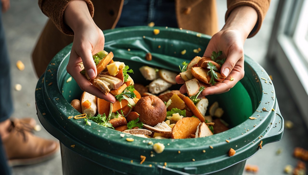 Person's hands adding food scraps to a compost bin promoting sustainable waste disposal practices