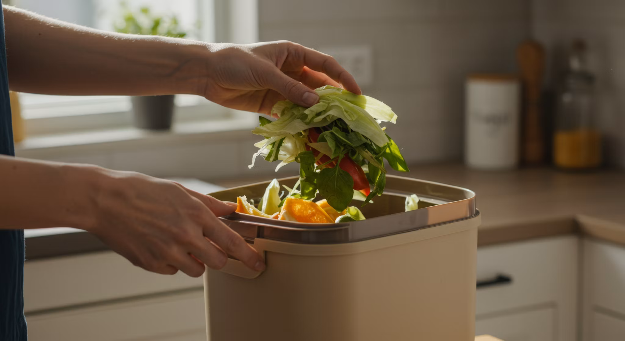 Person adding food to an indoor kitchen counter compost bin