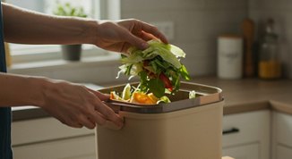 Person adding food to an indoor kitchen counter compost bin