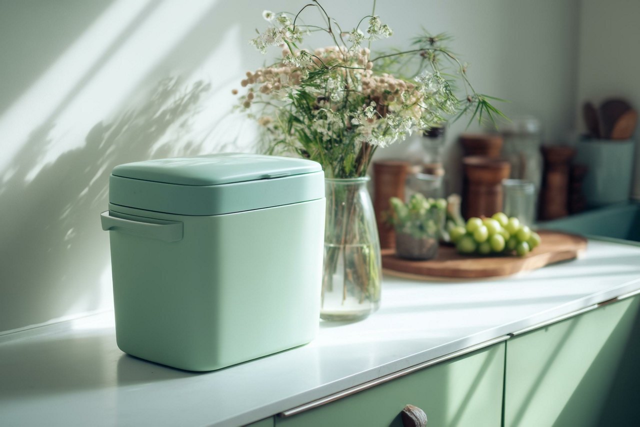 Clean kitchen scene featuring a light green compost bin on a counter next to flowers, grapes, and wooden utensils in a bright, well-lit interior.