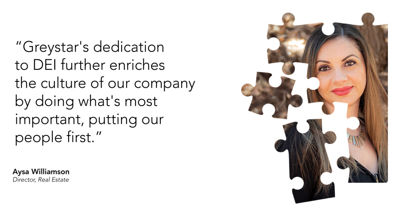 A composite image of a woman, symbolized as a piece of a puzzle, with the text,Greystar's dedication to DEI further enriches the culture of our company by doing what's most important, putting people first. - Ayshe Williamson, Director, Real Estate.
