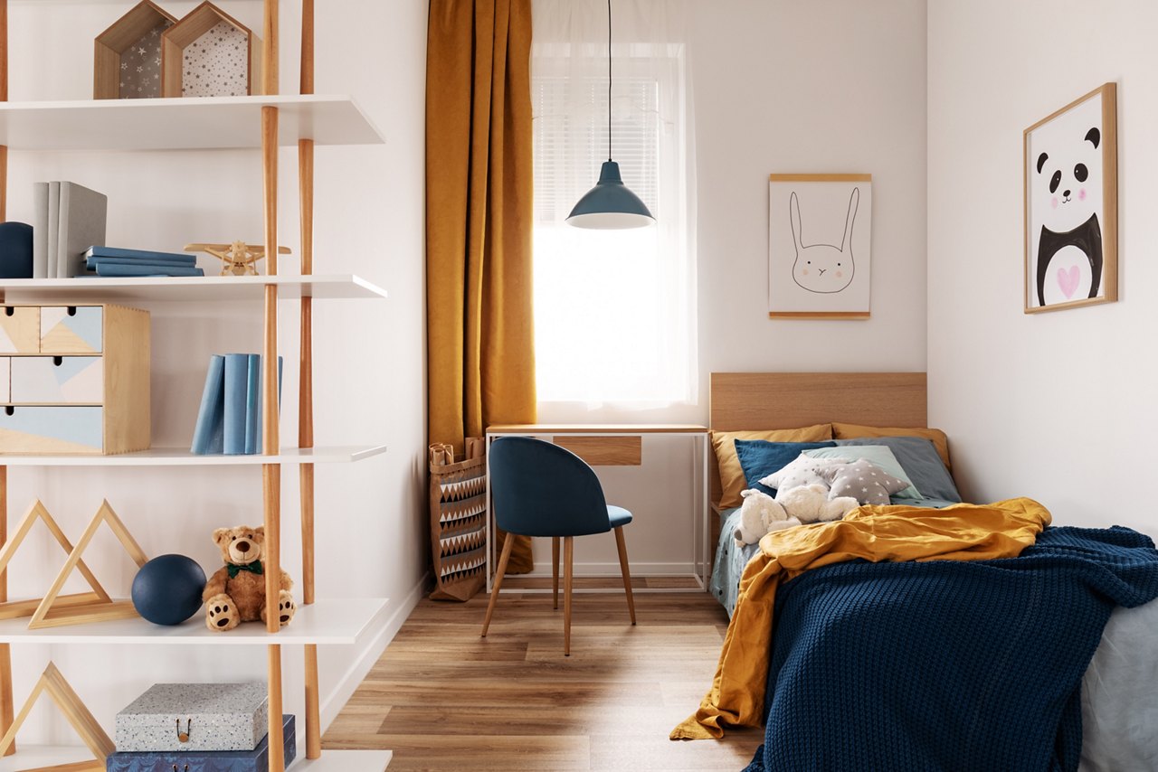 Multifunctional bedroom and workspace interior with bed and desk