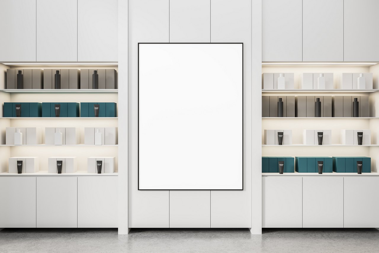 Blank vertical poster mockup inside clean modern interior with shelves of organized product boxes and tubes, white wall background, 3D Rendering