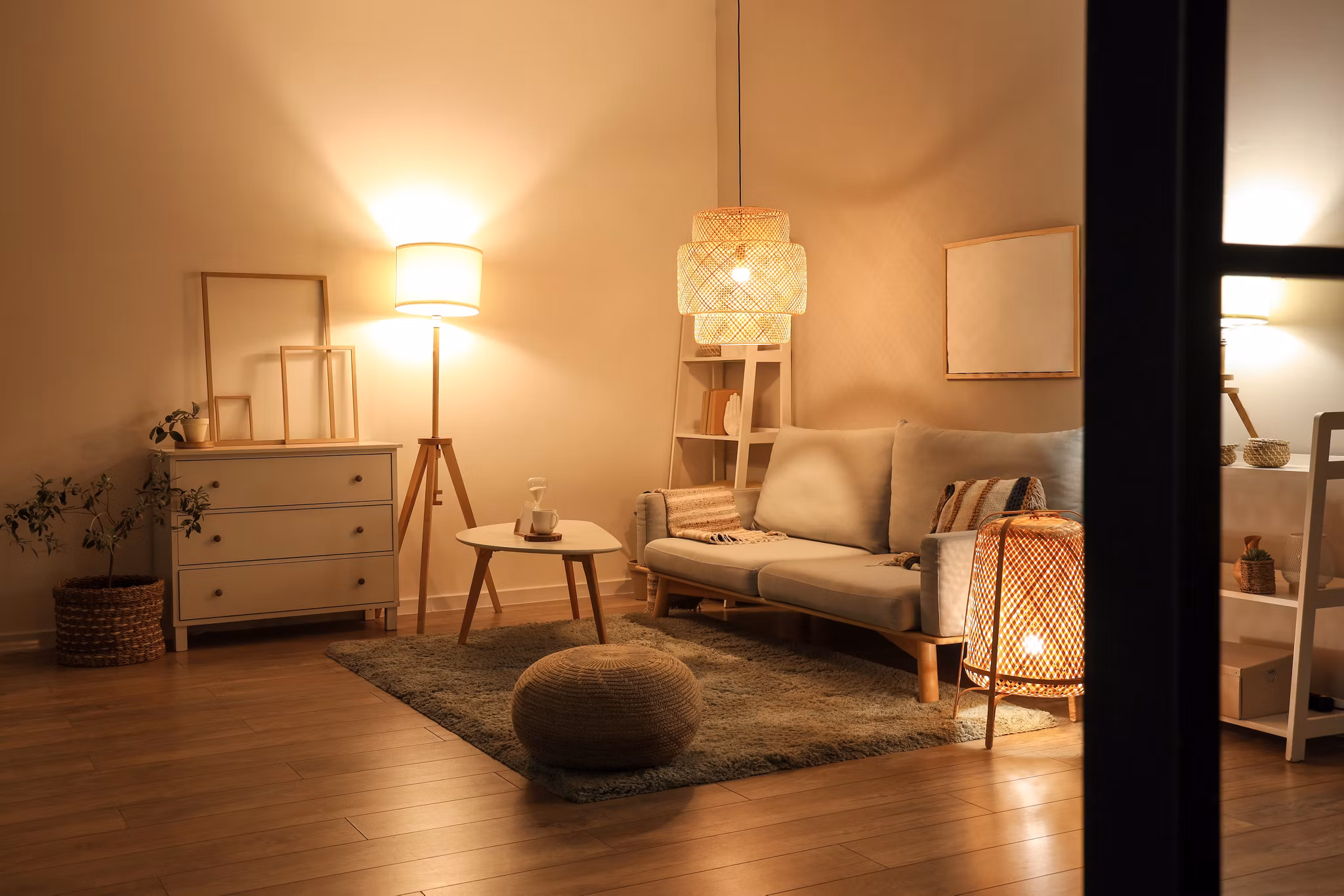 Interior of modern living room with grey sofa, coffee table and glowing lamps at evening