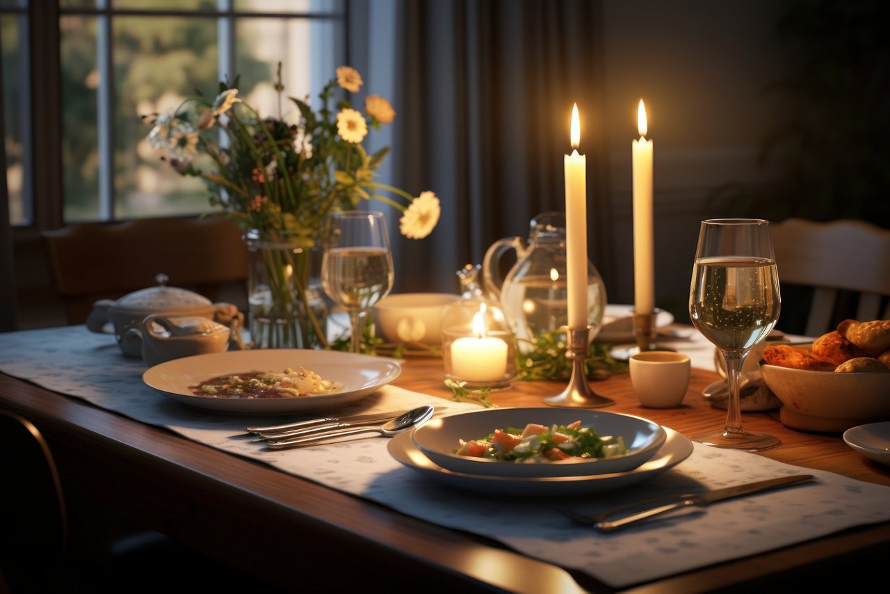 A beautifully set dinner table with lit candles and plates of delicious food. Perfect for showcasing a romantic dinner or a special occasion. Can be used for restaurant promotions, food blogs, or home decor websites.