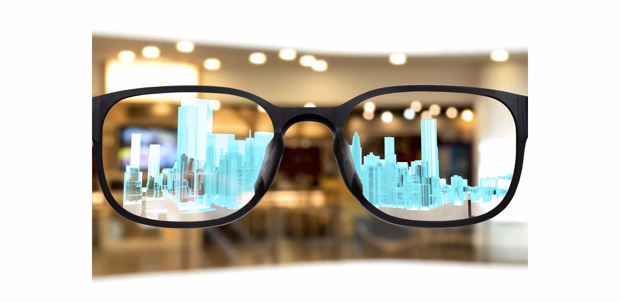Clear eyeglasses showcasing a holographic cityscape, symbolizing augmented reality vision.