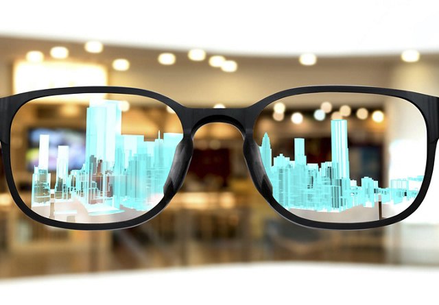 Clear eyeglasses showcasing a holographic cityscape, symbolizing augmented reality vision.