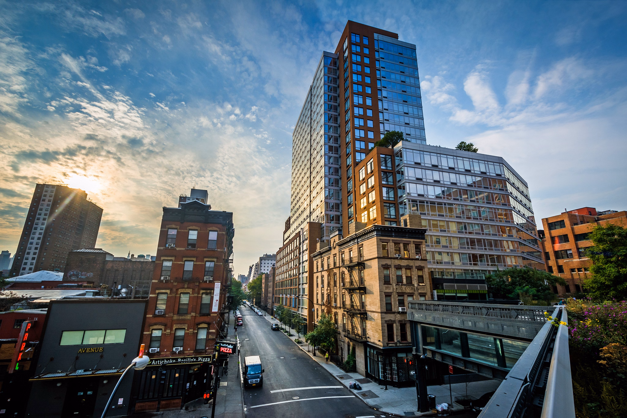 Sunrise view of buildings in West Chelsea from The High Line, in Manhattan, New York.