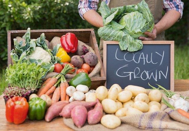 A farmer holding a large cabbage next to a variety of colorful fresh vegetables and a 'Locally Grown' chalkboard sign.