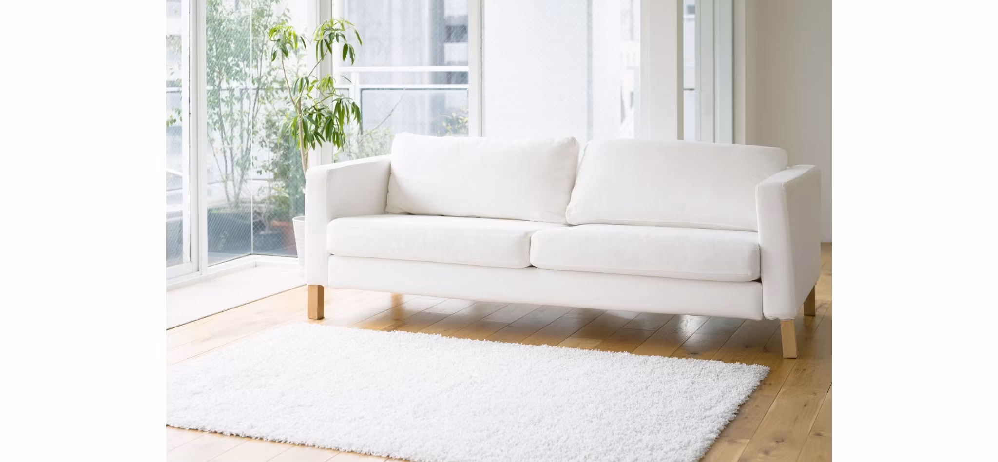 White Couch on Hardwood Floors with White Rug