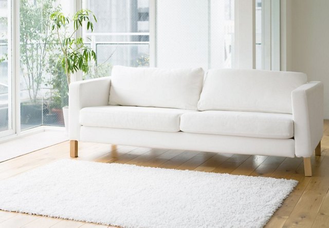 White Couch on Hardwood Floors with White Rug