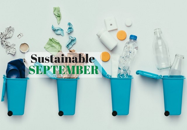 Recyclable waste sorted into blue bins with 'Sustainable September' text, promoting recycling and sustainability.