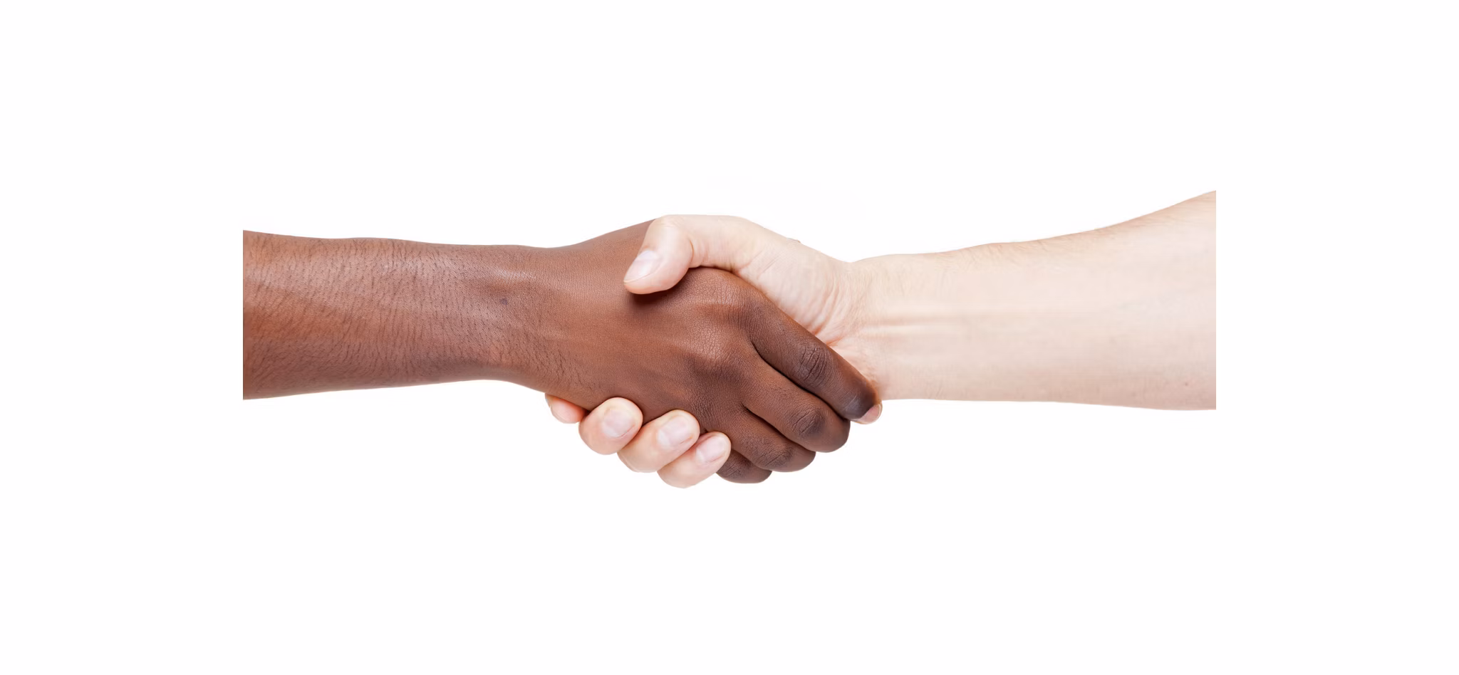 Handshake between two individuals of different ethnicities, symbolizing diversity and inclusion, isolated on a white background.