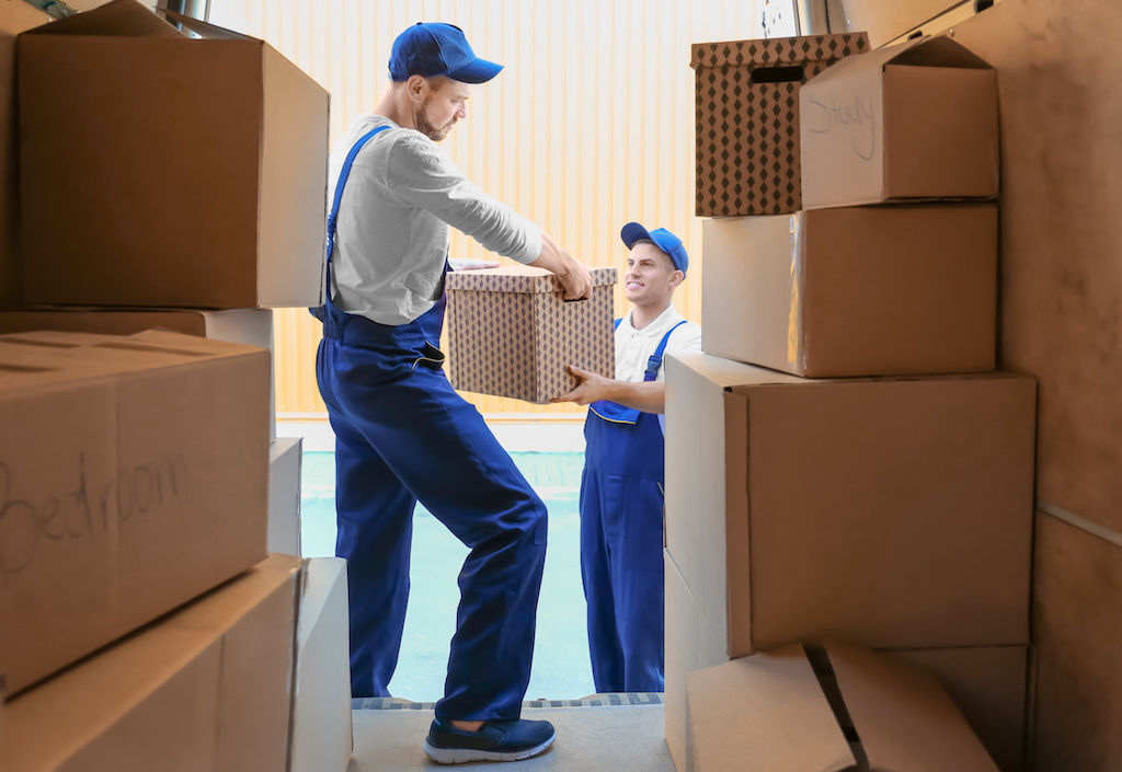 Two movers moving boxes into apartment