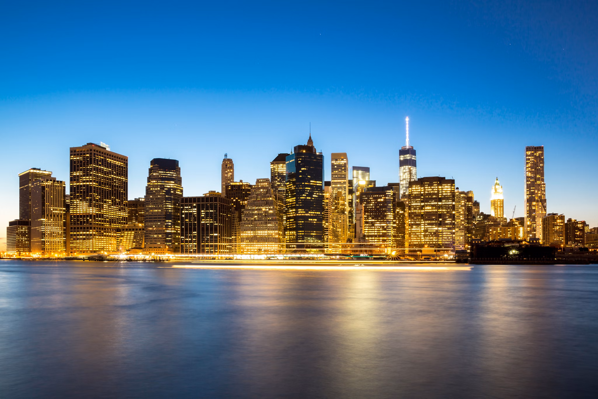 New York City Manhattan skyline at dusk from Brooklyn
