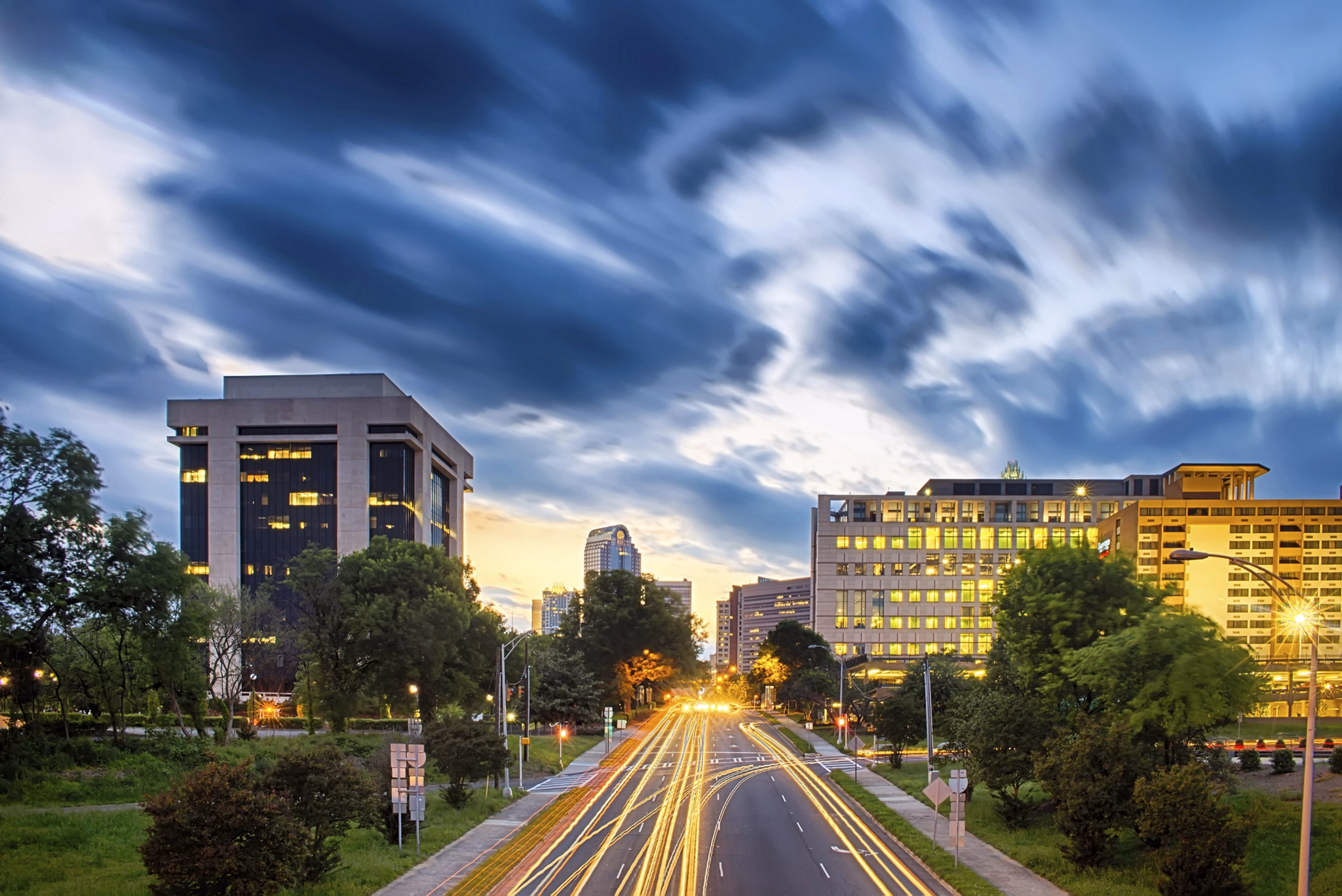 Downtown of Charlotte  North Carolina skyline with dramatic sky