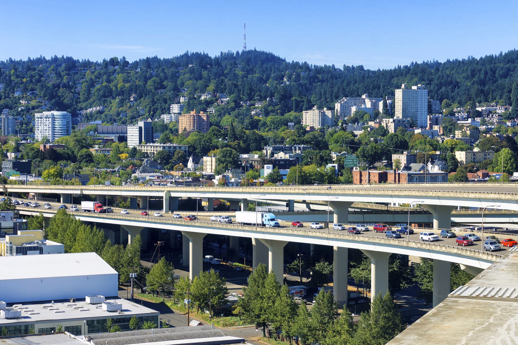 West hills view in Portland, Oregon with stopped traffic on I-405