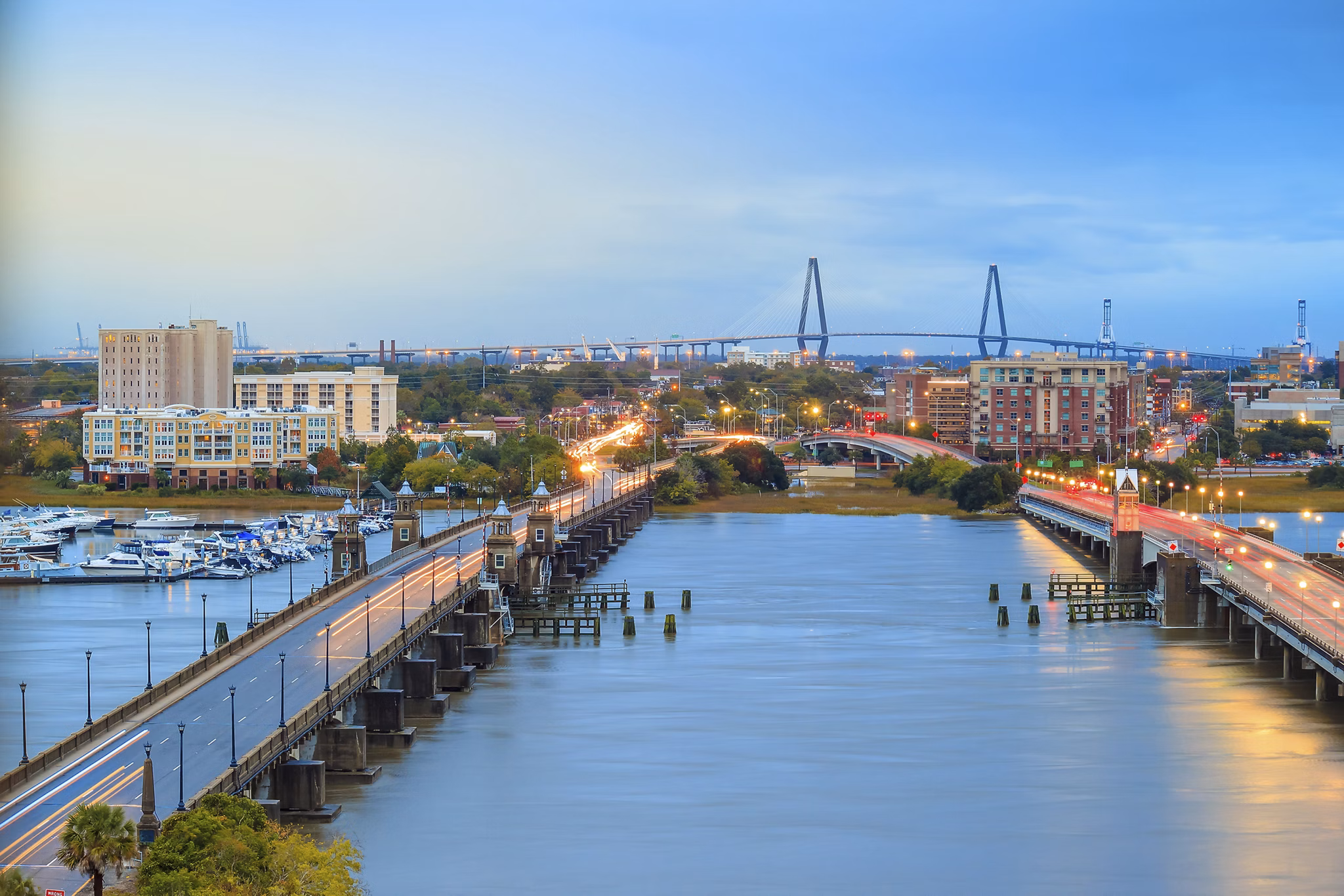 Skyline of Charleston, South Carolina, USA over the Ashley River at twilight.