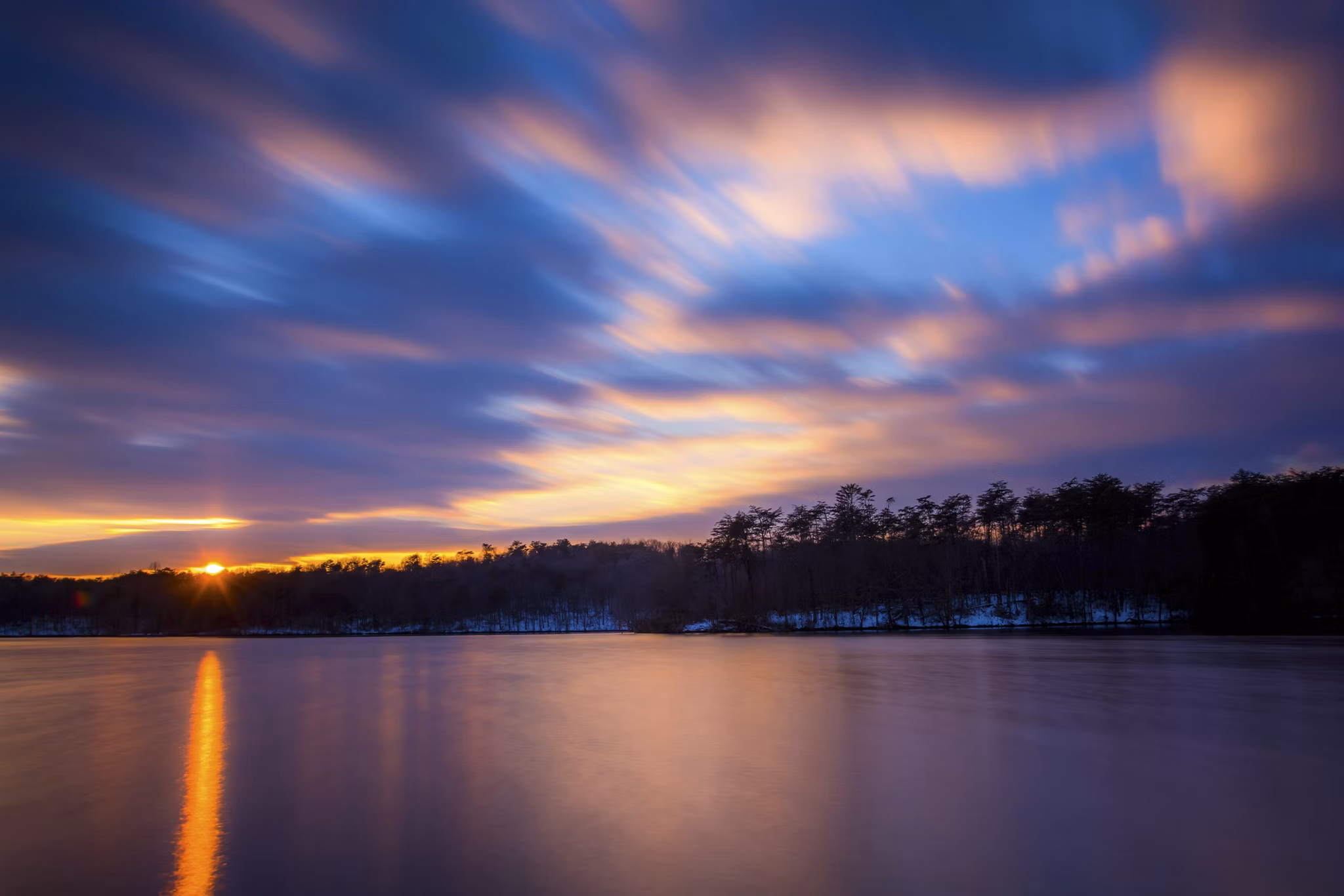 Long exposure of Prettyboy Reservoir at sunset, in Baltimore County, Maryland.