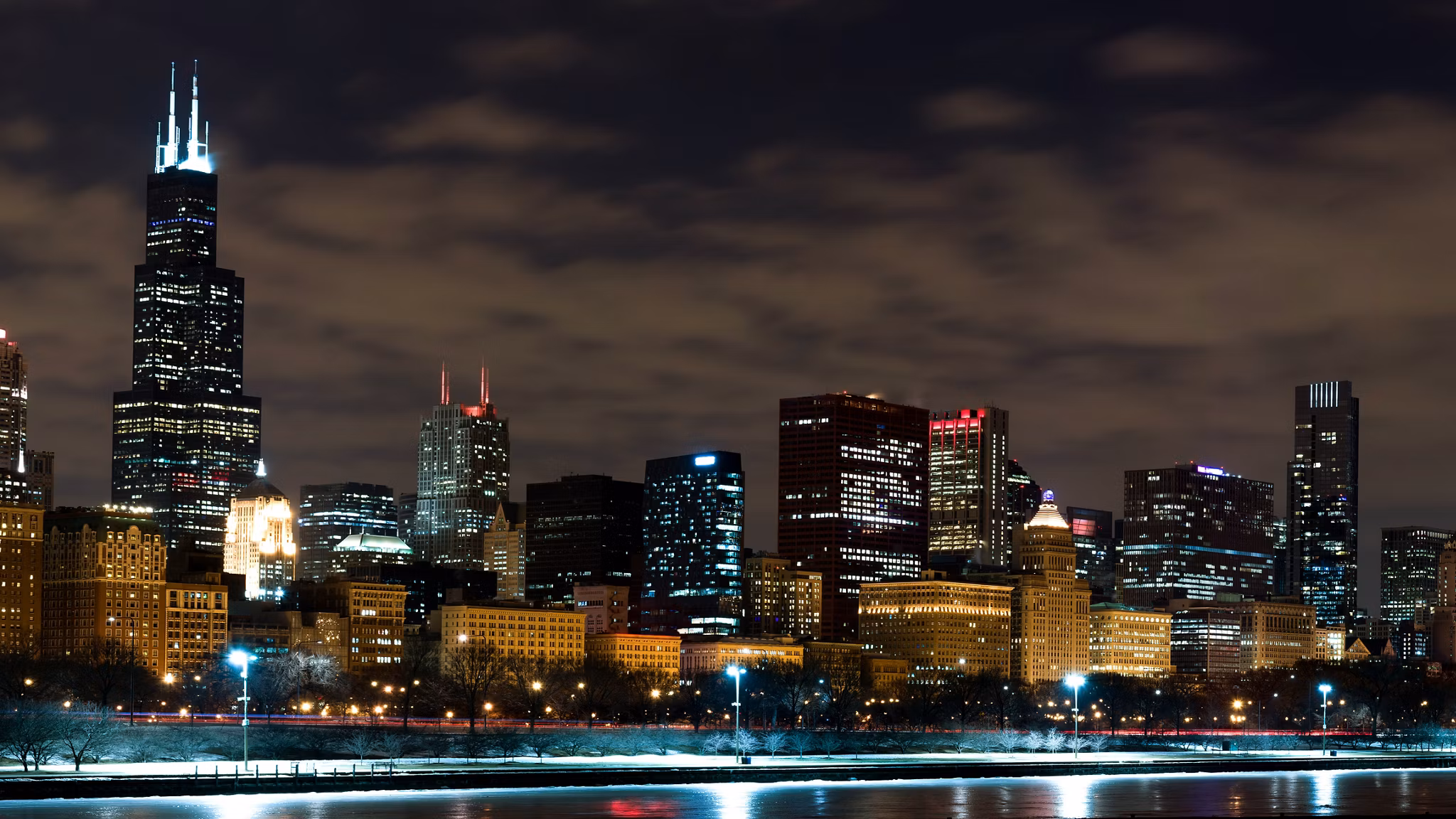 Downtown Chicago Illinois Skyline at Night Time