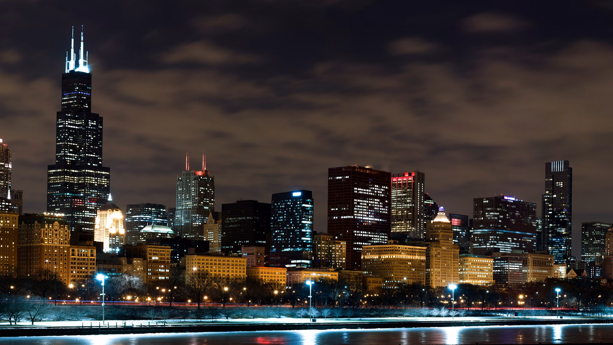 Downtown Chicago Illinois Skyline at Night Time