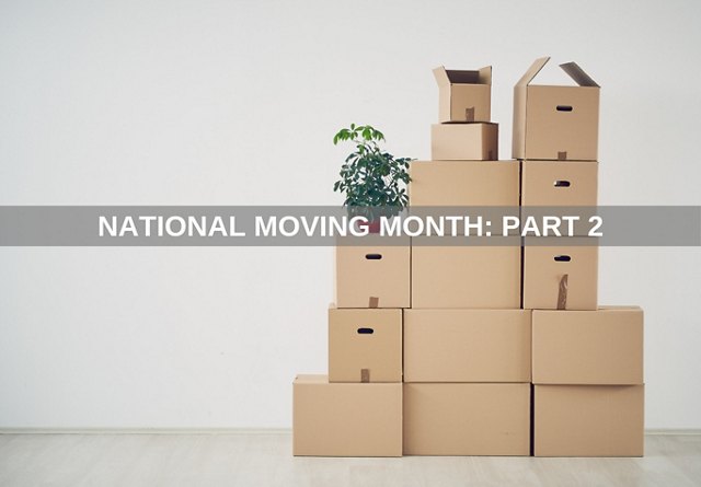 Piled cardboard boxes against a white brick wall on a wooden floor, with the text 'National Moving Month: Part 3'.