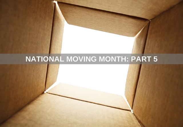 Looking out from the inside of an empty cardboard box with the text 'National Moving Month: Part 5' above.
