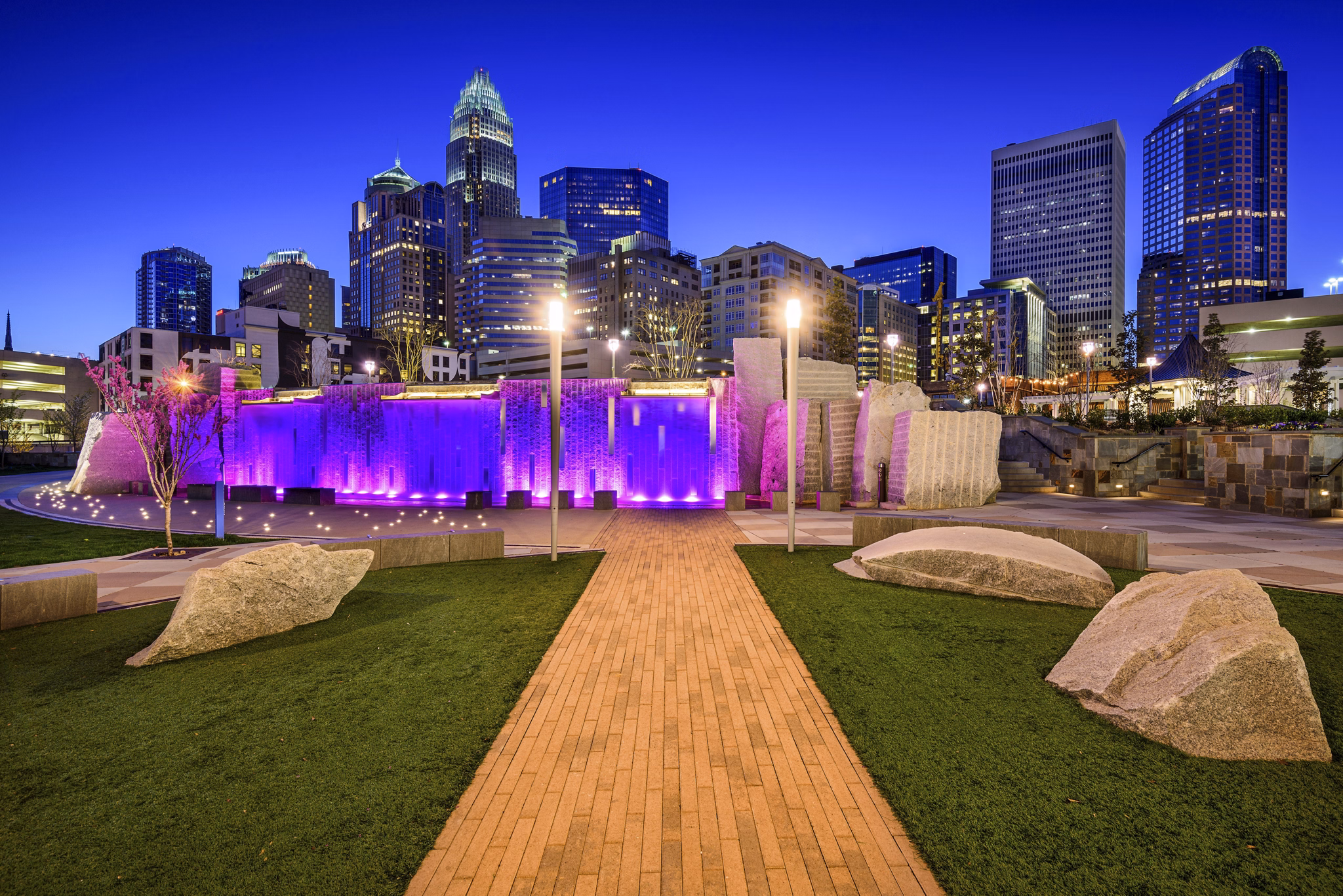 Charlotte, North Carolina, USA uptown skyline and park.
