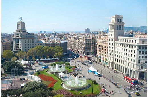 View of Catalonia Square in the sunshine day. Barcelona, Spain