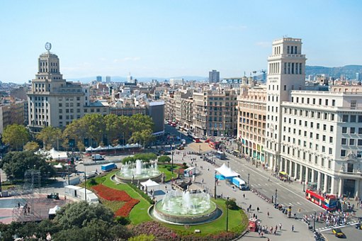 View of Catalonia Square in the sunshine day. Barcelona, Spain