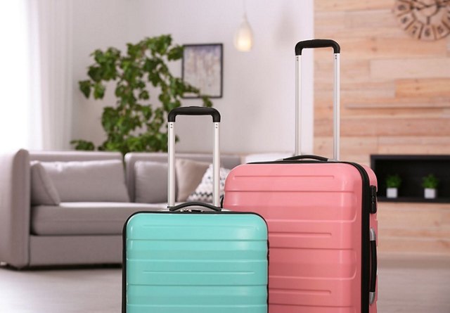 Two upright suitcases, one pink and one teal, in front of a modern living room setting with a gray couch and indoor plants.