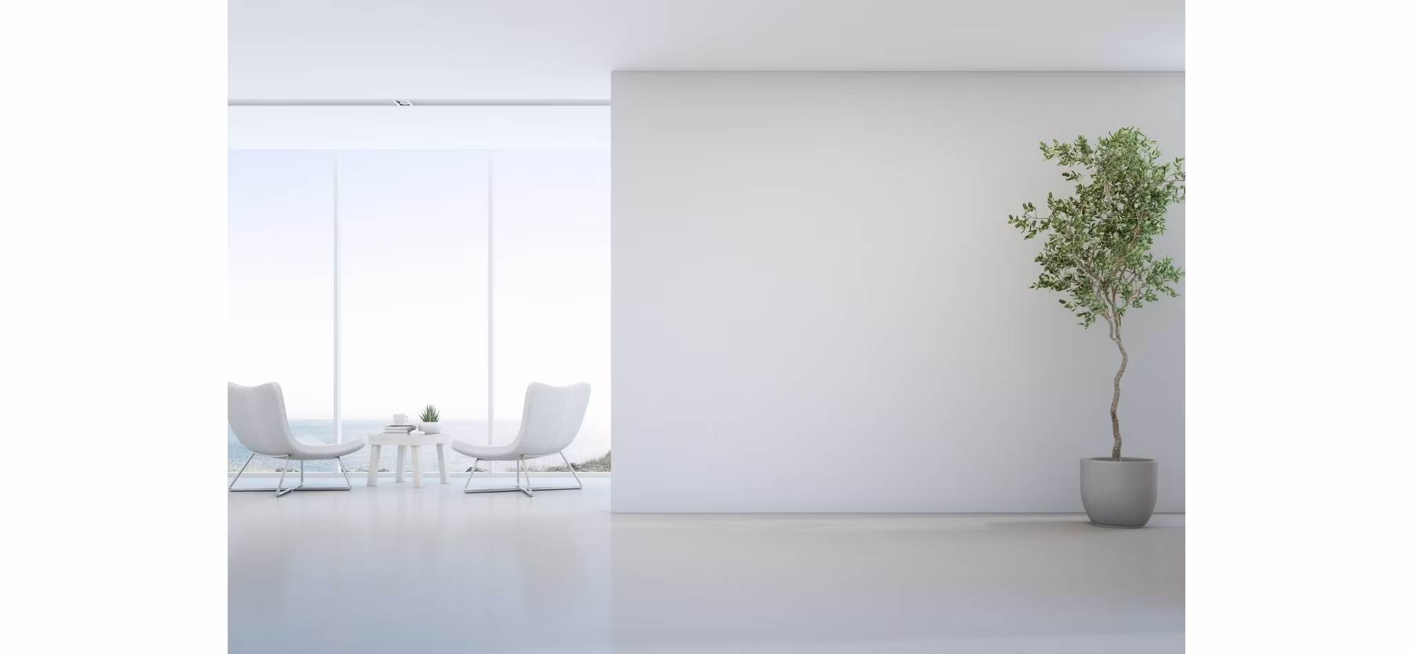 Minimalistic interior with two white chairs, a small table, and a potted tree beside a large window with a sea view.