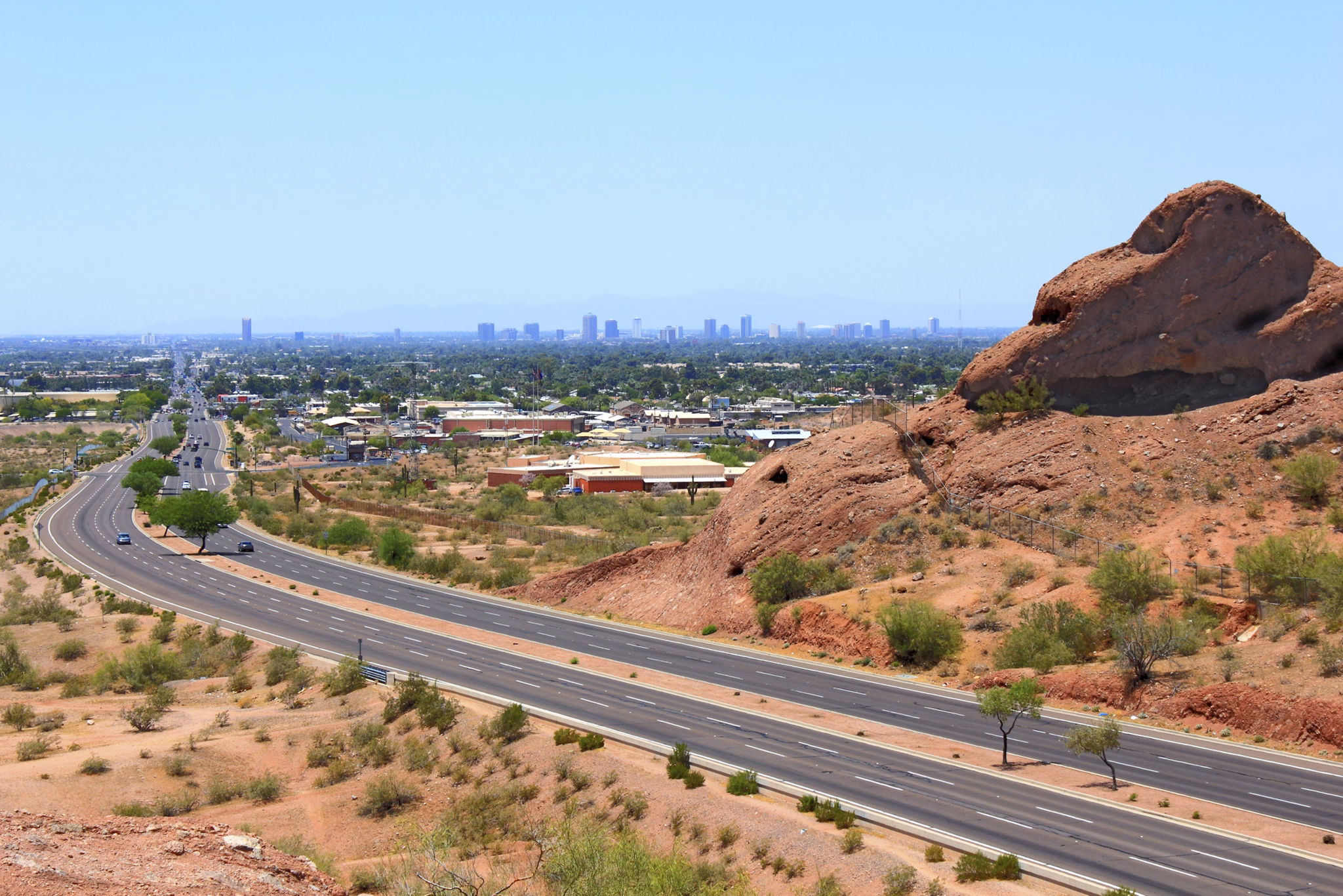 Road to downtown of Phoenix as seen from Papago park mountains, Arizona