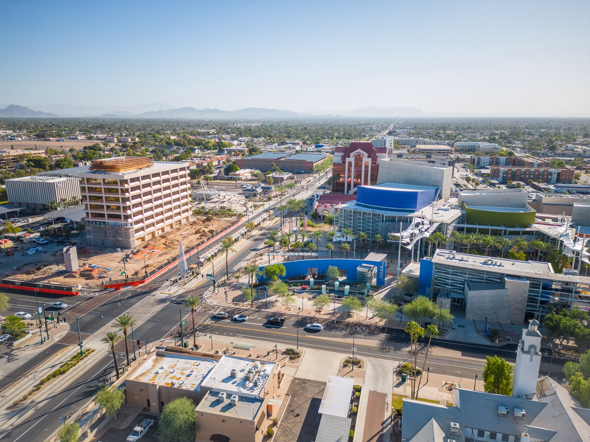 Downtown Mesa Arizona aerial view with city center, performing arts venue, palm tree lined streets and mountain views - Mesa AZ urban core