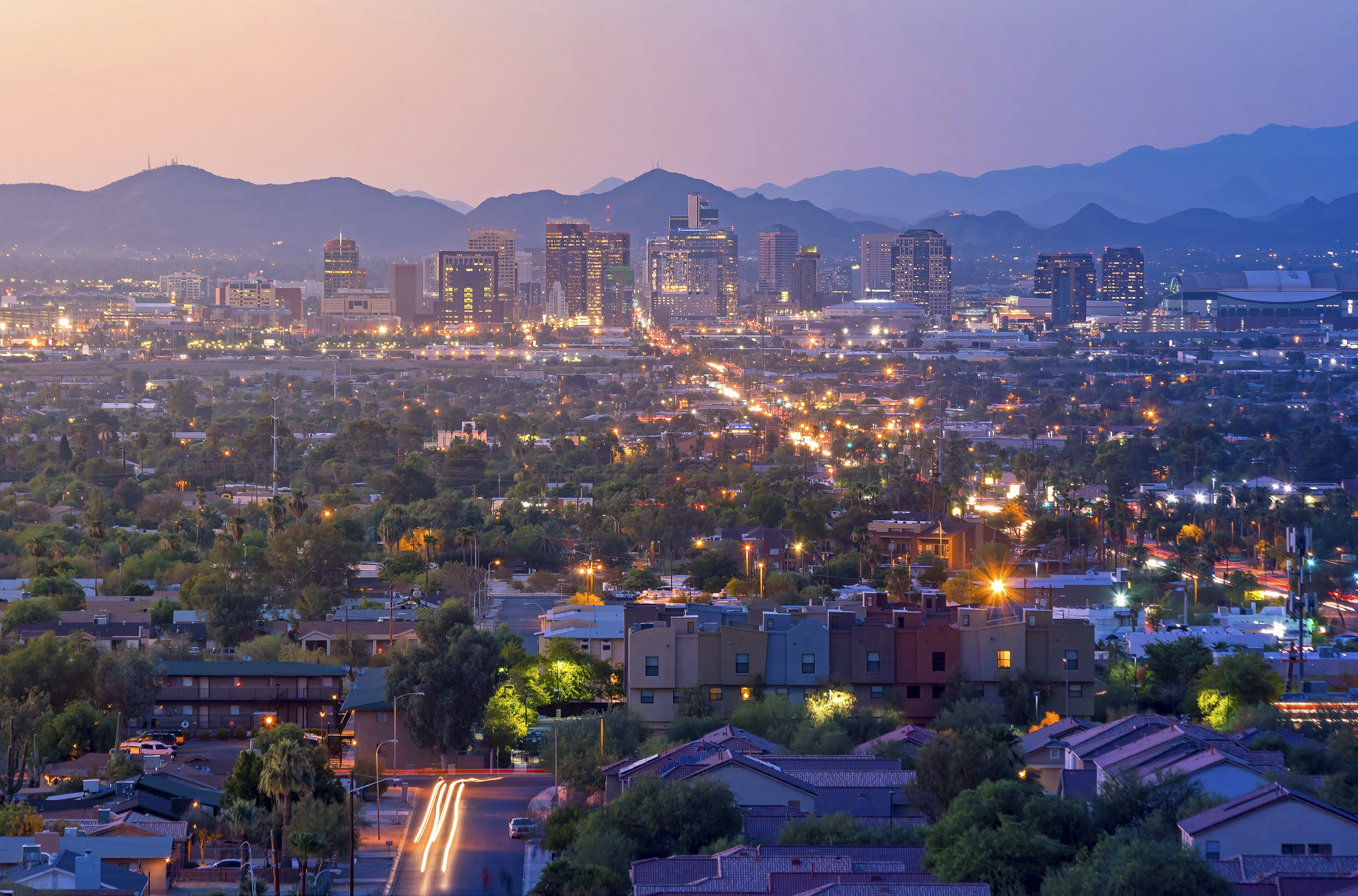 Top view of downtown Phoenix Arizona at sunset in USA
