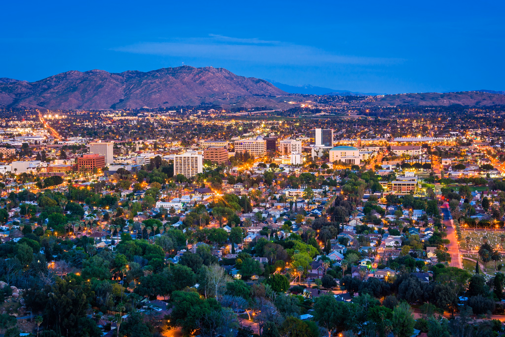Twilight view of the city of Riverside, from Mount Rubidoux Park, in Riverside, California.