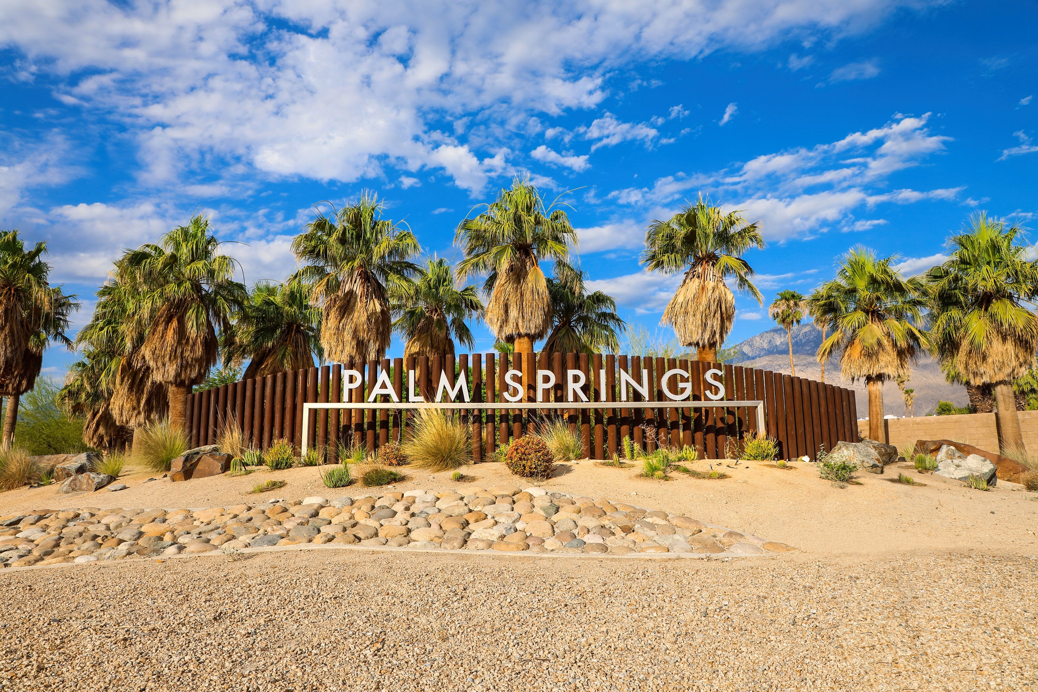 A desert landscape in California, with palm trees and a large &quot;Palm Springs&quot; sign under a bright blue sky with scattered clouds.