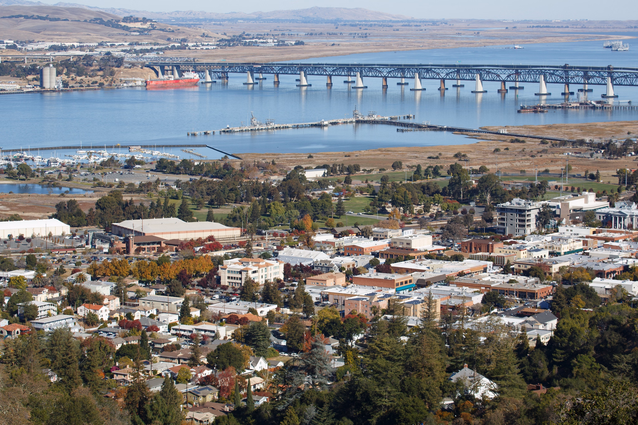 A scenic view of Martinez, California, showing a waterfront town with a large bridge, marina, and surrounding trees and buildings.