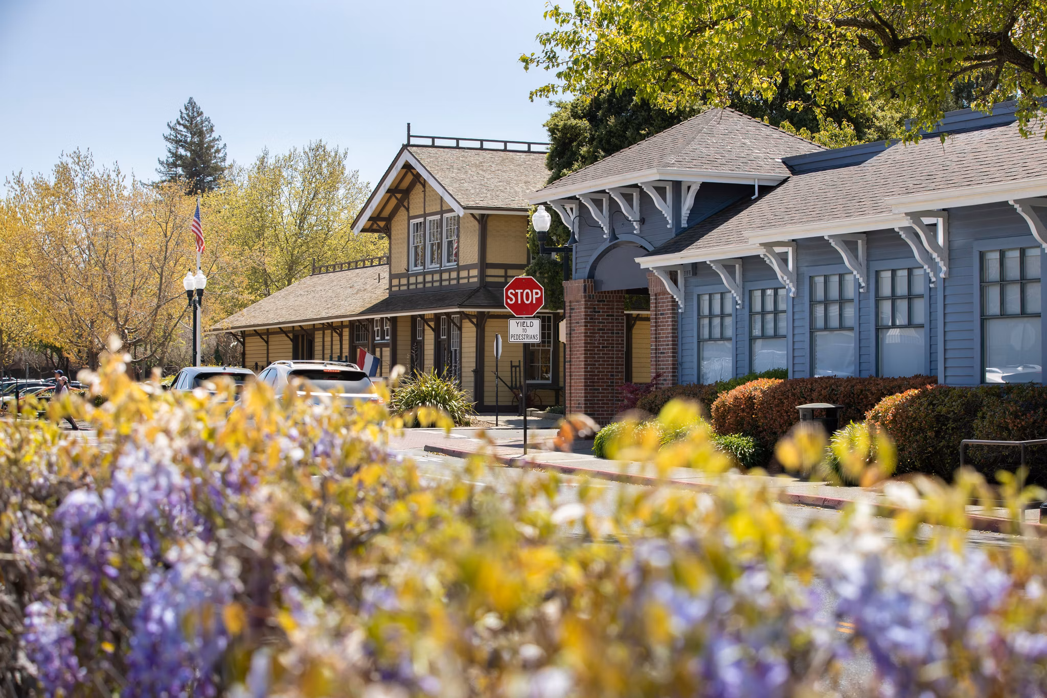 Historic train station buildings with colorful spring flowers in foreground, located in downtown Danville, California.
