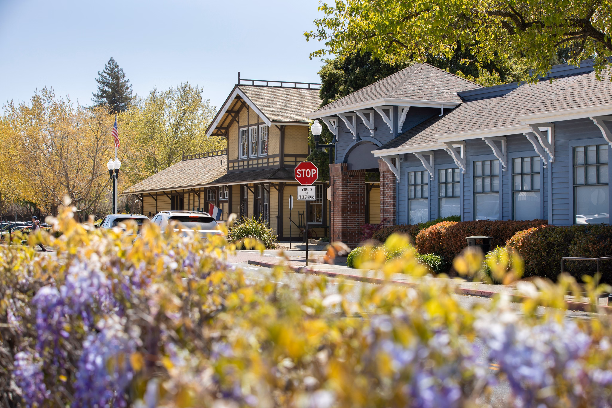 Historic train station buildings with colorful spring flowers in foreground, located in downtown Danville, California.