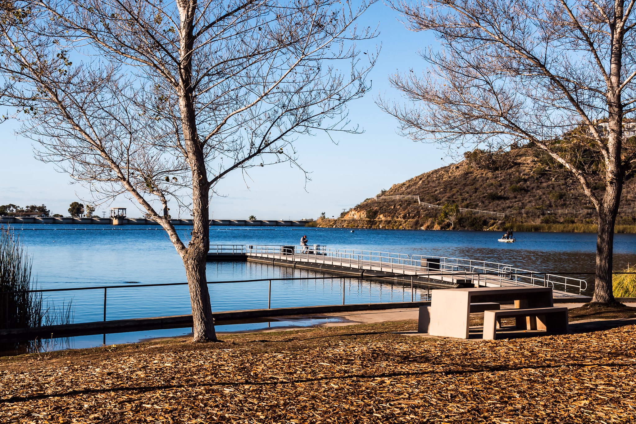 Peaceful lakeside view in Grantville, California, showing a wooden dock, calm water, dry trees, and a picnic table in the foreground.