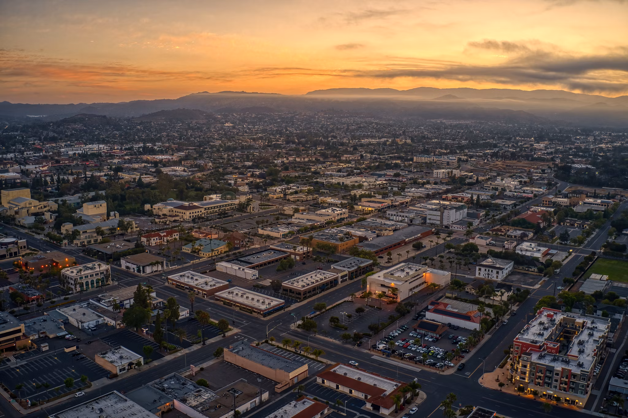 Aerial view of Escondido, California highlighting urban landscape at sunset